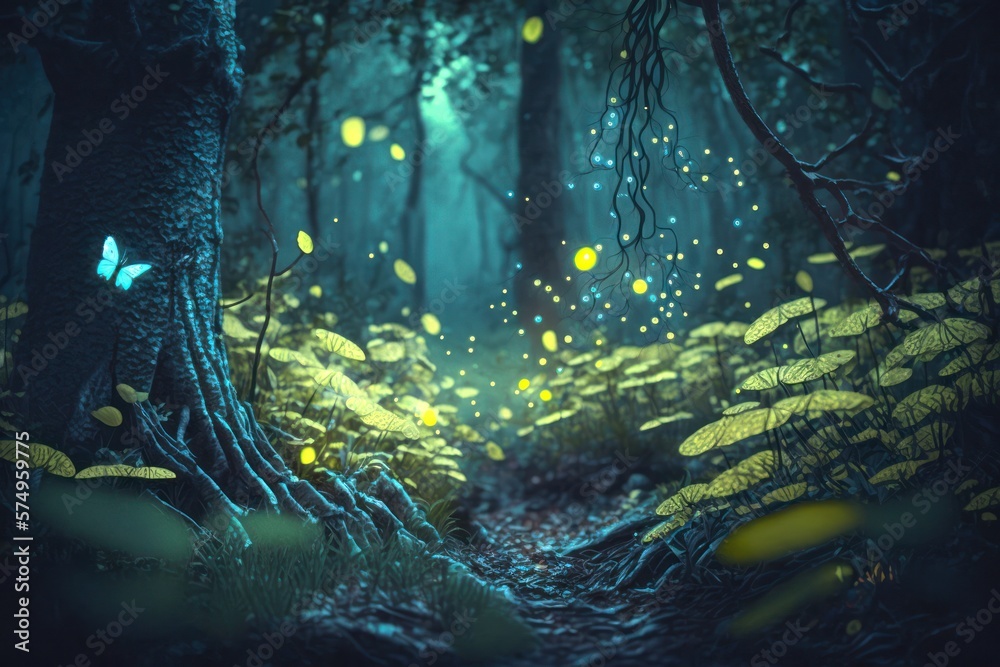 Fototapeta premium Enchanted Forest Landscape with Glittering Leaves Magic Generative AI