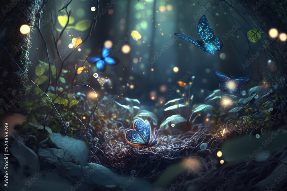Enchanted Forest Landscape with Glittering Leaves Magic Butterfly Generative AI Enchanted Forest Landscape with Glittering Leaves Magic Butterfly Generative AI