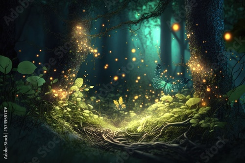 Enchanted Forest Landscape with Glittering Leaves Magic Firefly Generative AI