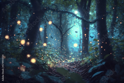 Enchanted Forest Landscape with Glittering Leaves Magic Firefly Generative AI