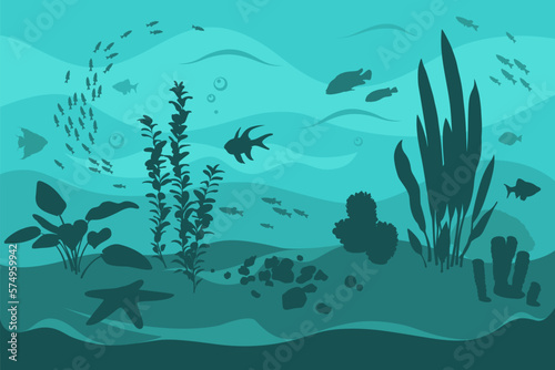 Vector ocean world. Deep seascape with seaweeds, fish and corals. Aquatic ecosystem. Blue background. Illustration of undersea bottom.
