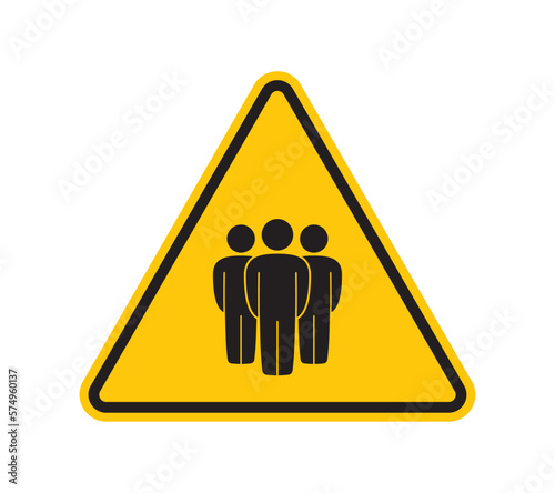 Vector yellow triangular sign with the symbol of many black figures - a crowd of people. isolated on white background.

