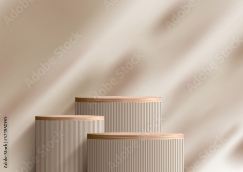 3D realistic wooden podium pedestal stand on natural tree leaf shadow pastel beige background