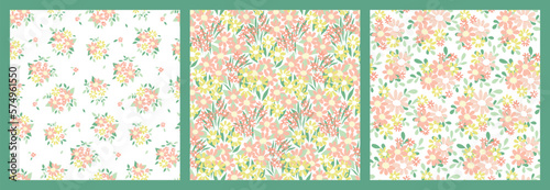 Seamless floral pattern, cute ditsy print with small flower bouquets in a set. Pretty spring botanical design with tiny hand drawn plants: flowers, leaves on white background. Vector illustration.