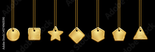 Gold medal set vector illustration. 3d golden necklaces with badges of square circle rectangle star shape hang on metal chain, glossy jewelry accessory, isolated dog or cat identification medallion