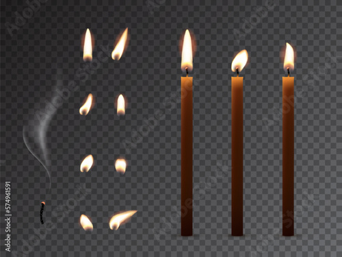 Church candle with set of glowing, extinct flame and smoke, 3D wax candle with wick