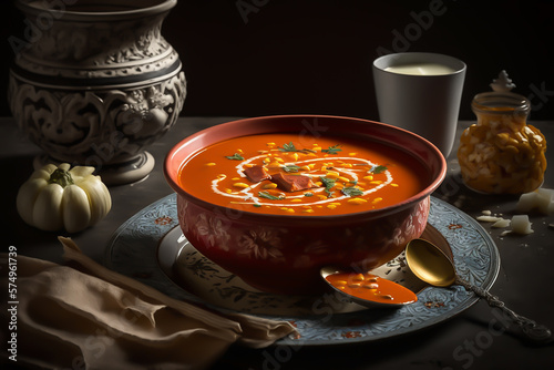 closeup of a bowl with freshly made spanish salmorejo cordobes or porra antequerana, a cold tomato soup topped with serrano ham, boiled egg and green pepper, on a gray table, generative ai photo