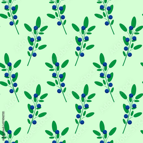 Repeating pattern with blueberry branches on a green background