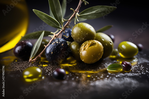 Fresh olives and extra virgin olive oil bakcground, generative ai