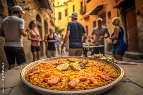 People in th Spanish terrace with Spanish paella with seafood served in a pan. Fresh Shrimp, Scampi, mussels, squid, octopus and scallops. Spanish typical, comida española, generative ai