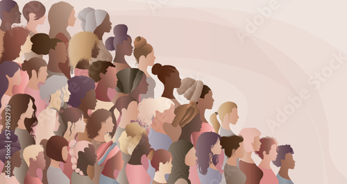 Multicultural women and girls. Portrait front and profile view silhouette. Women's day. Female social community of diverse culture. Equality. Colleagues. Empowerment or inclusion. Banner