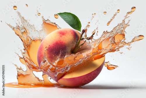 Peach fruit with juice splash on white background. Generative AI