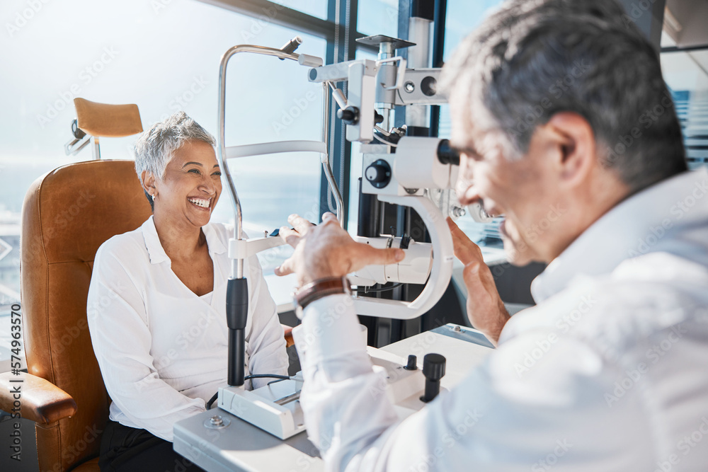 Eye doctor, machine or happy woman consulting for help with eyesight at optometrist in an optical assessment. Optician talking or asking senior customer info testing for vision, iris or retina health Eye doctor, machine or happy woman consulting for help with eyesight at optometrist in an optical assessment. Optician talking or asking senior customer info testing for vision, iris or retina health