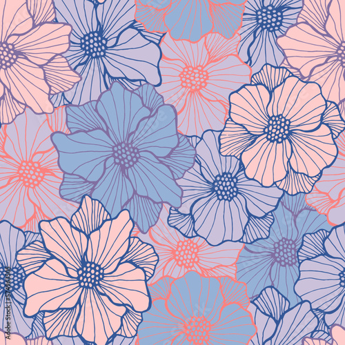 Whimsical poppy bloom seamless sample. Organic floral background. Poppy blossom with
