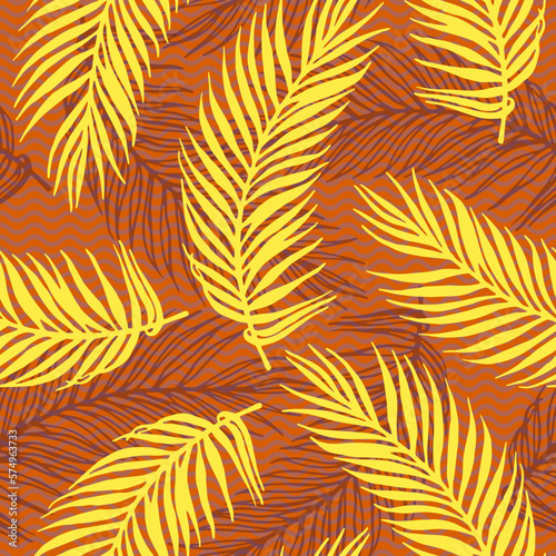 Endless exotic palm leaves vector pattern. Botanical elements over waves