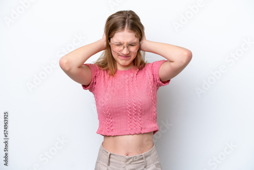 Teenager Russian girl isolated on white background frustrated and covering ears