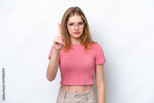 Teenager Russian girl isolated on white background counting one with serious expression