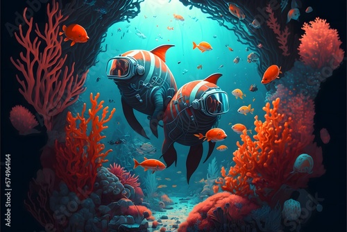 Funny poster of fishes wearing scuba diving equipment underwater © Tarun