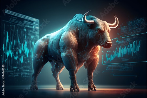 Stock market bull standing in front of stock charts