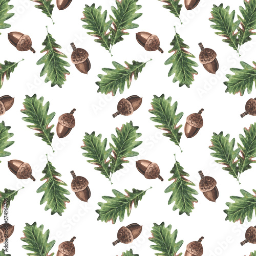 Acorn seamless watercolro autumn pattern hand drawn with oak leaves green and brown. textile, wallpaper photo