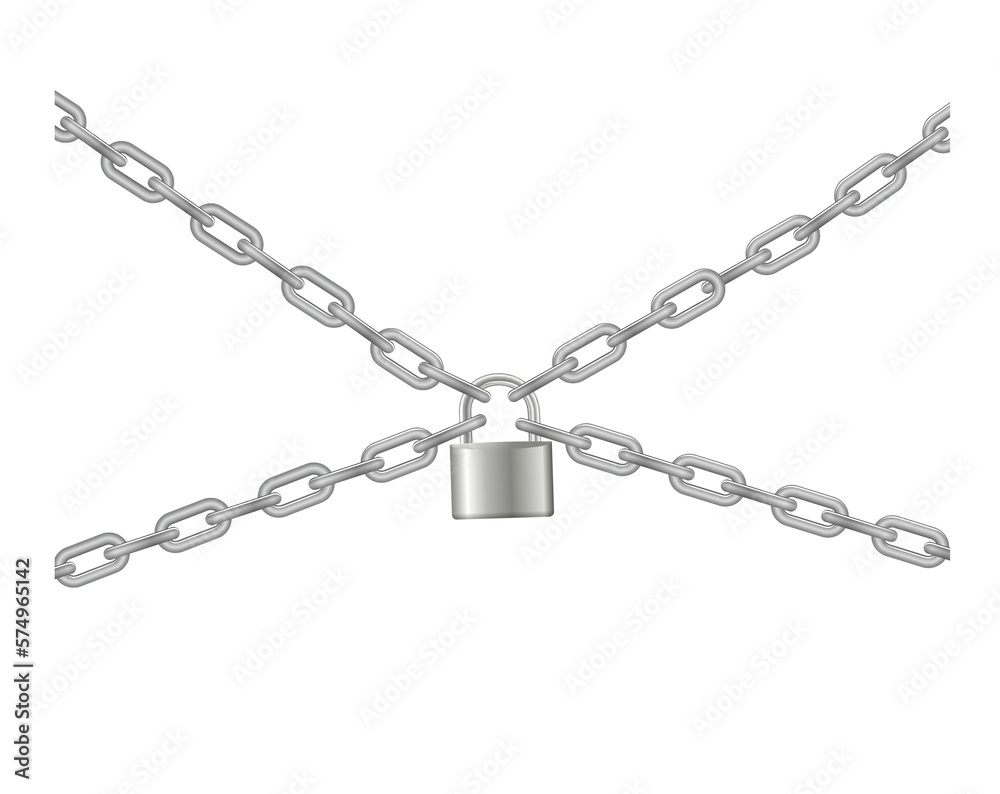 Padlock and chain. Gray metal chain and padlock, handcuffed card, vector Padlock and chain. Gray metal chain and padlock, handcuffed card, vector