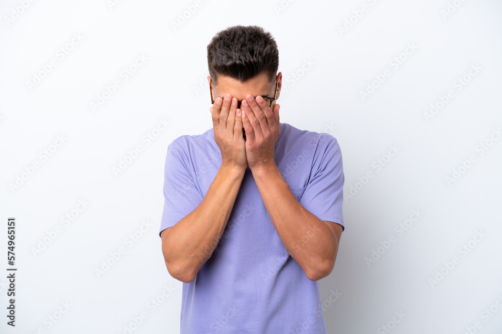 Young caucasian man isolated on white background with tired and sick expression Young caucasian man isolated on white background with tired and sick expression
