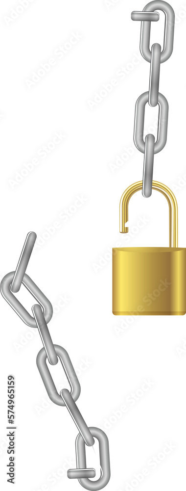 Padlock and chain. Gray metal chain and padlock, handcuffed card, vector Padlock and chain. Gray metal chain and padlock, handcuffed card, vector