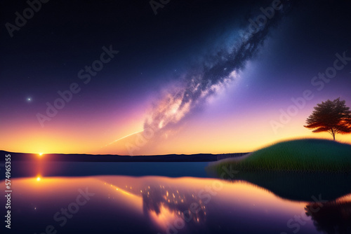 Fantasy sunset in the mountains and lake AI background illustration © Eduardo