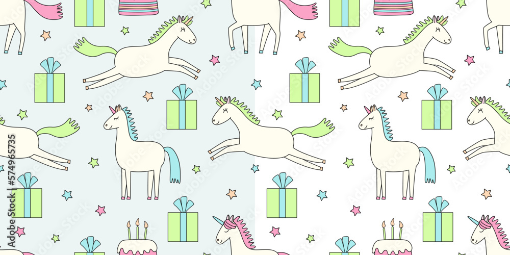 Two vector seamless patterns with unicorns, stars, birthday presents and cakes. Hand drawn color doodle illustration. Great for wrapping paper. Two vector seamless patterns with unicorns, stars, birthday presents and cakes. Hand drawn color doodle illustration. Great for wrapping paper.