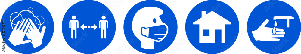 Set of Round Coronavirus Covid-19 Measure Signs including Wear a Face Mask, Keep Your Distance, Wash Your Hands, Sanitize Your Hands and Stay at Home. Vector Image. Set of Round Coronavirus Covid-19 Measure Signs including Wear a Face Mask, Keep Your Distance, Wash Your Hands, Sanitize Your Hands and Stay at Home. Vector Image.