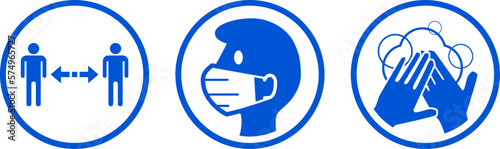 Coronavirus Covid-19 Measures and Warning Icon Set with Text including Wash Your Hands, Wear a Mask and Keep Your Distance. Vector Image.