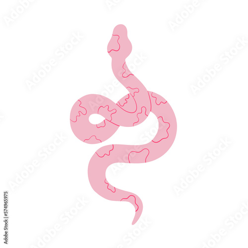 Pink snake with plants and flowers.Beautiful pink snake. Leaves and plants.Pattern with leaves and snake.Background with snake