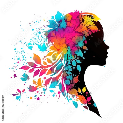 abstract girl silhouette profile composed of floral elements isolated on white background, generative ai