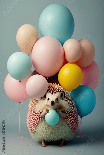 Little cute pastel pet concept, little cute hedgehog in colorful helium balloons at animal crazy party. Generative AI.