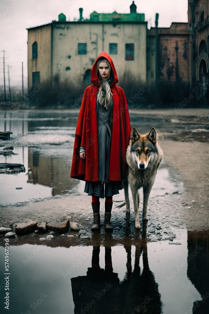 A modern fairy tale about Little Red Riding Hood and the Wolf, a girl with  a red cloak in a modern version, in the fog of dirty streets. Generative  AI. Illustration Stock