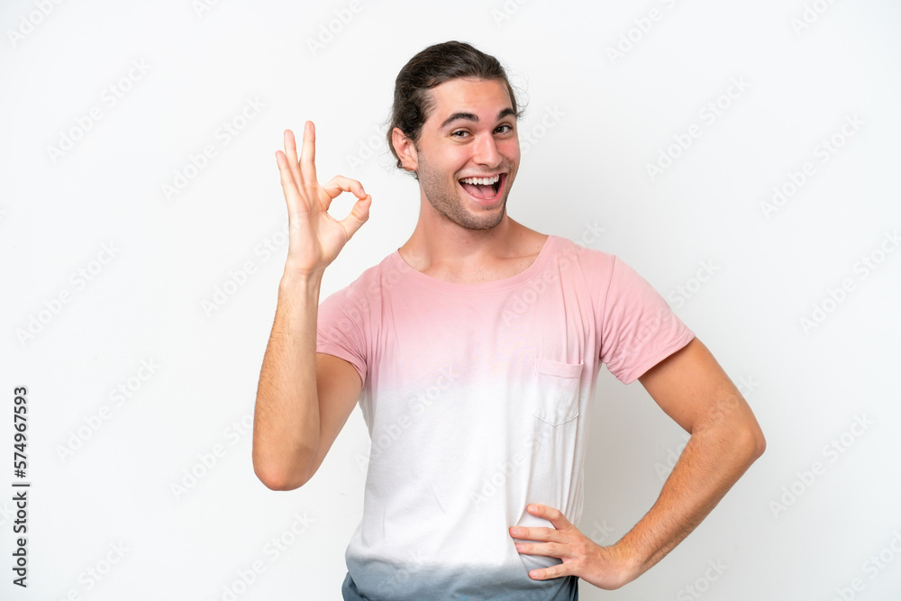 Caucasian handsome man isolated on white background showing ok sign with fingers Caucasian handsome man isolated on white background showing ok sign with fingers