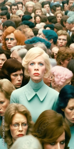 A mass of people, a huge crowd and a close up view of a young a young beautiful girl who stands out, stand out from the crowd, be different and respect differences. Generative AI.