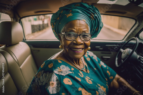 Generative AI.  A senior African woman smiling inside a car. photo