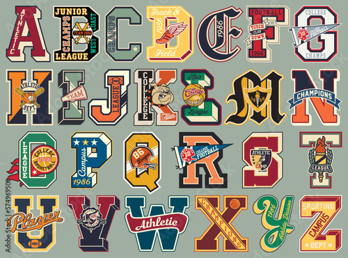 Foto Varsity collegiate athletic letters font alphabet patches vintage vector artwork