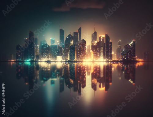 Nighttime Cityscape with Glowing Lights and Reflective Waters, Urban Skyline at Night, Generative AI