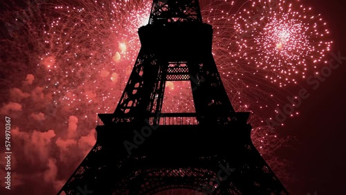  Celebratory colorful fireworks over the Eiffel Tower in Paris, France (time lapse)    photo