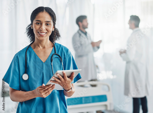 Healthcare, tablet and portrait of black woman nurse or doctor in hospital for support, success and help. Health, wellness and medicine, confident medical worker with smile, stethoscope and doctors.