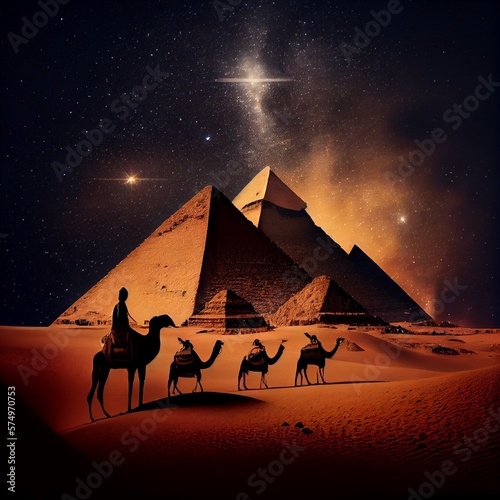 The Pyramids of Giza by night in Egypt. AI Generative