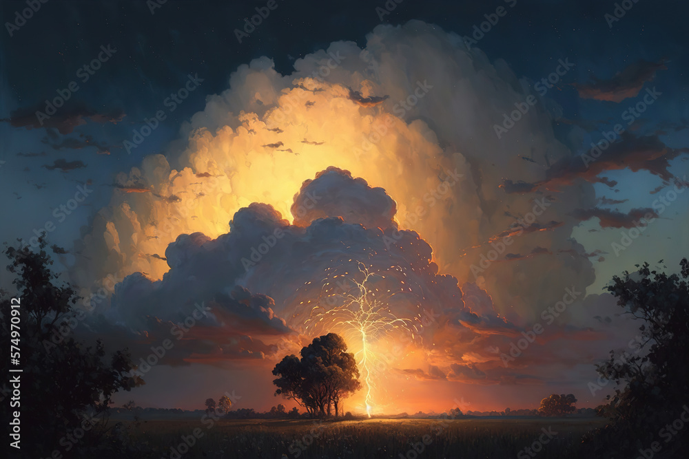 painting depicts a horizontal cloud illuminated by the last rays of the setting sun, art illustration 