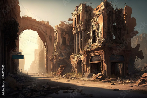 Ruined Cityscape, war, concept art illustration 