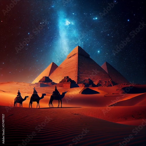 The Pyramids of Giza by night in Egypt. AI Generative