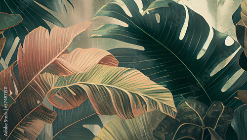 tropical plants on pastel style painting,  Vintage tropical plants , Generative AI