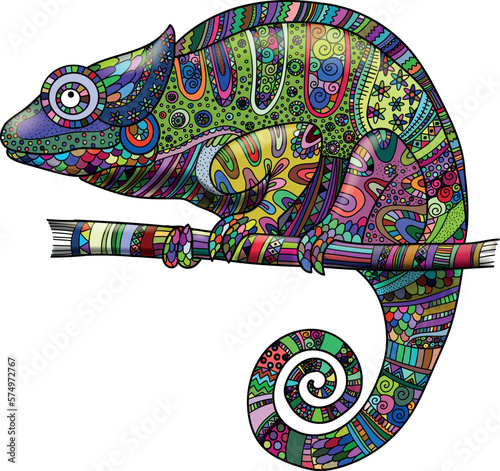 A bright multicolored chameleon. Vector file for designs.