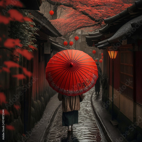 Asian red umbrella. Generative AI.
