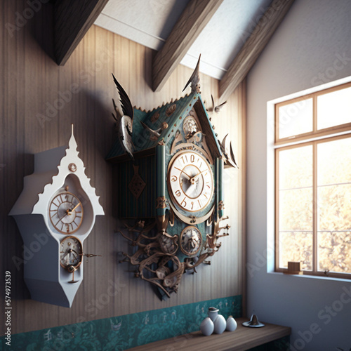 Wooden cuckoo clock in the house. Generative AI.